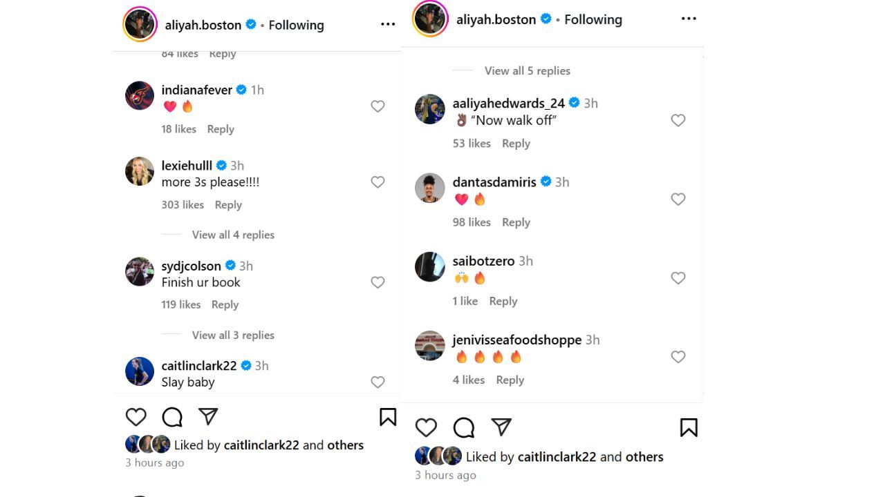 Clark and Co. react to Aliyah Boston's IG photos on Friday. (photo: @aliyah.boston/IG)