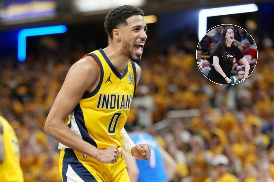 Indiana Pacers star Tyrese Haliburton celebrates during the NBA Finals against the OKC Thunder, Caitlin Clark of the Indiana Fever flexes during a WNBA game 