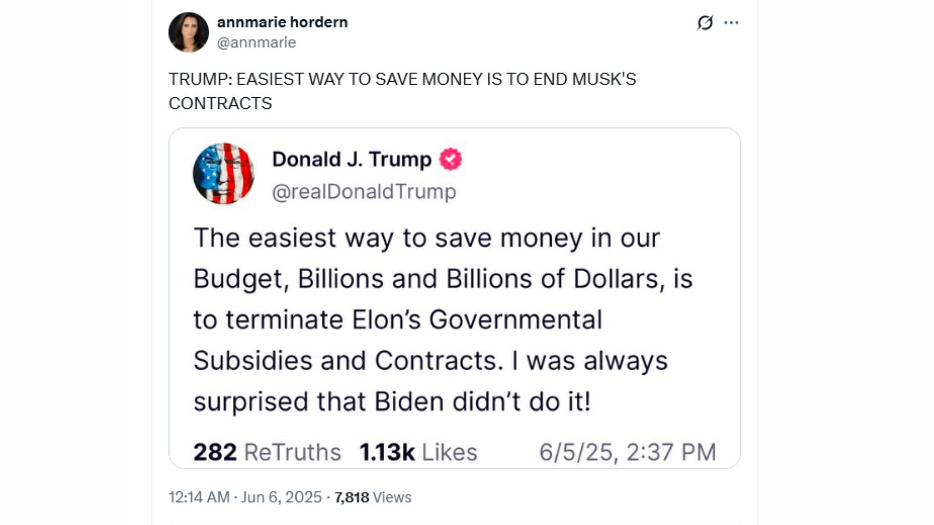 Donald Trump Tweet: Image via X/@@annmarie
