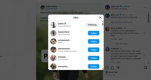 Lydia Ko liked golf insider’s statement made on pace of play at the 2025 US Women’s open/@golf_com