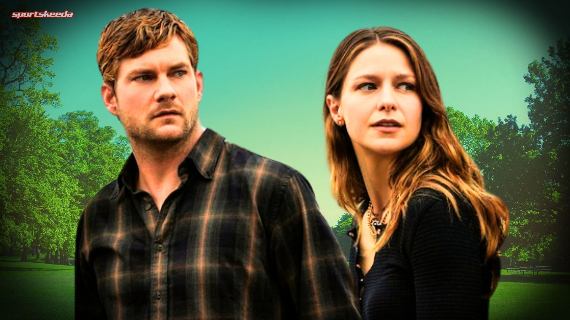 Jake Weary and Melissa Benoist as Cane and Bree Buckley in The Waterfront, standing outdoors with serious expressions.