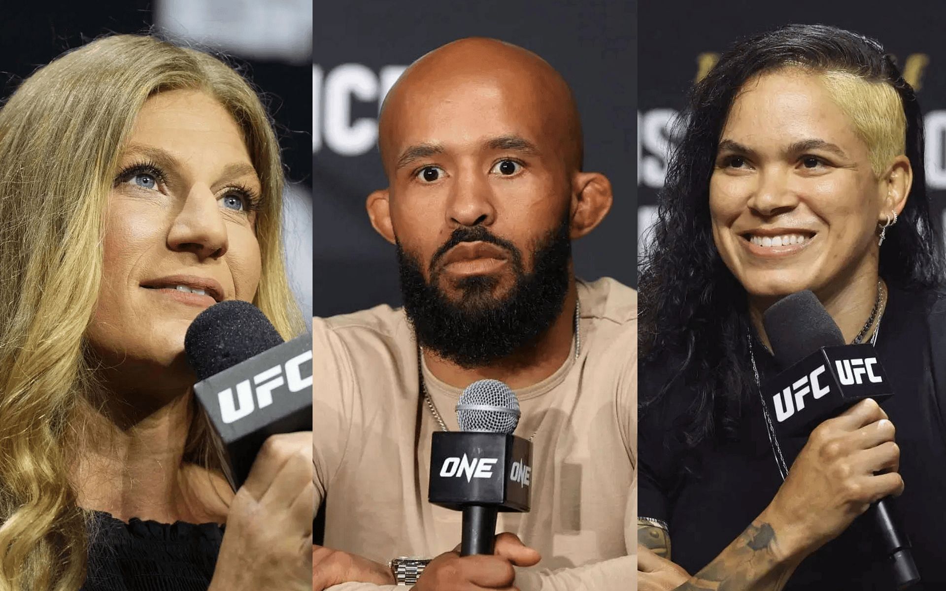 Kayla Harrison (left) reacts to Demetrious Johnson