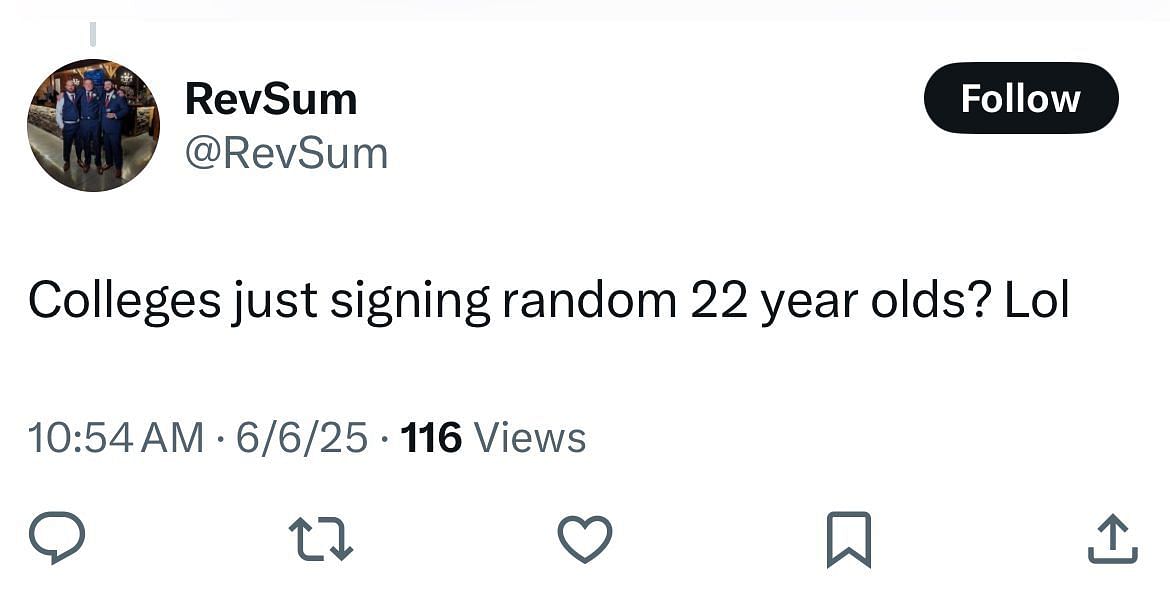 (X/@TiptonEdits) An X reply judges Texas A&amp;M for signing a 22-year-old professional player 