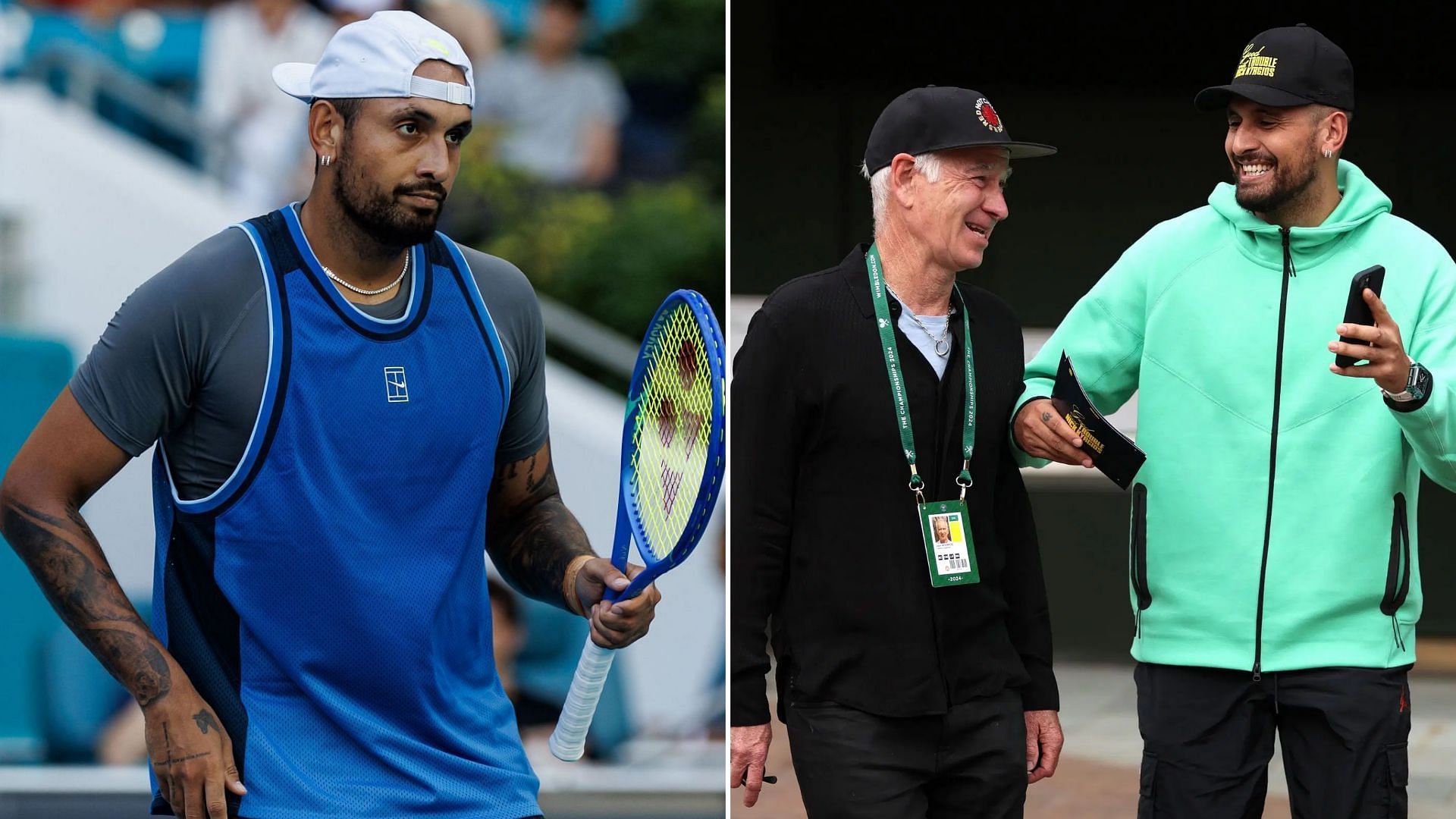 Nick Kyrgios (L) and Kyrgios with John McEnroe (R). (Photos: Getty)