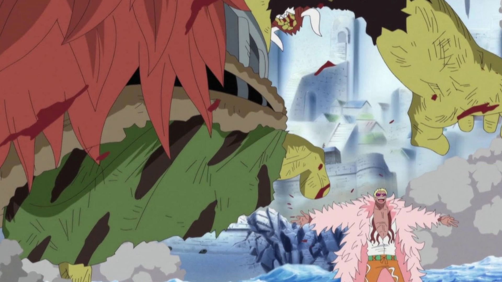 Doflamingo cut the leg of Oars Jr. (Image via Toei Animation)