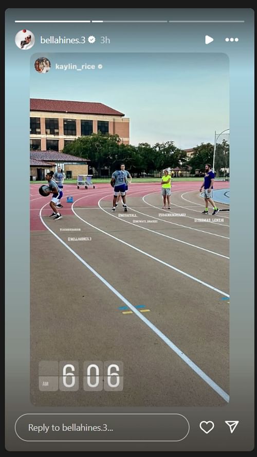 LSU WBB head coach Kim Mulkey in a workout session with Bella Hines, Grace Knox, Amiya Joyner and some coaching staff on IG story. Image via @bellahines.3