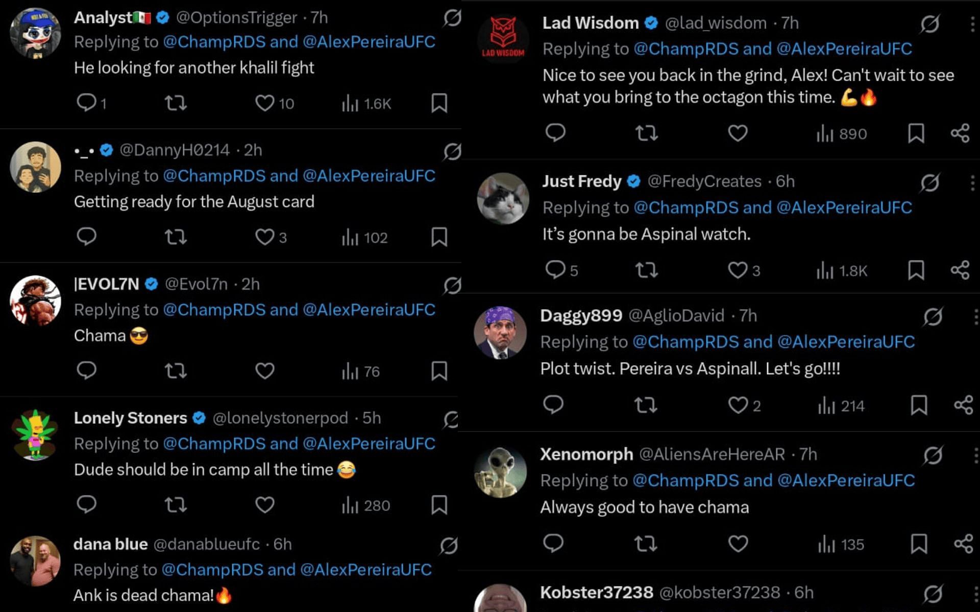 Fans&#039; reaction to Alex Pereira returning to a training camp. [Screenshots courtesy: @ChampRDS on X]