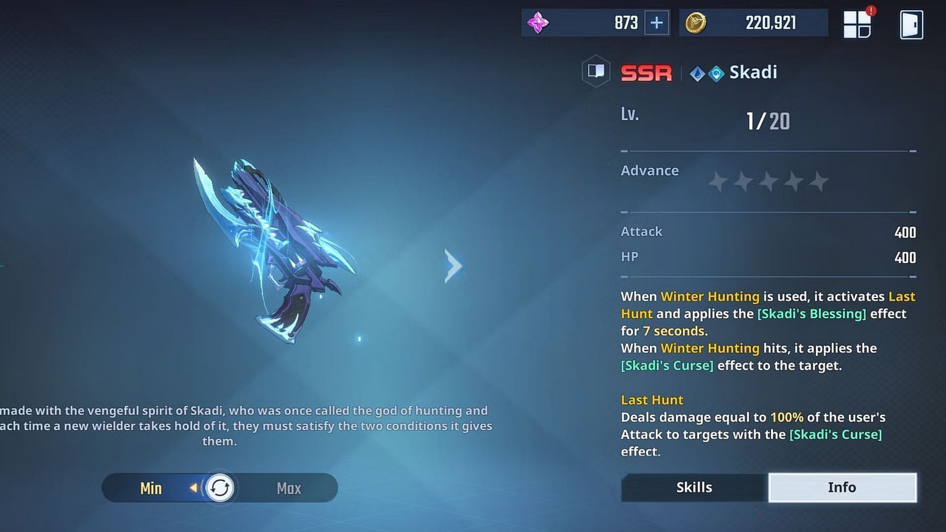 Sung Jinwoo weapon, Skadi (Image via Netmarble)