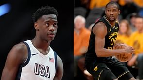 $4.1 Million NIL-valued BYU signee AJ Dybantsa reacts as Golden State Warriors' Jonathan Kuminga shares snippets of their practice
