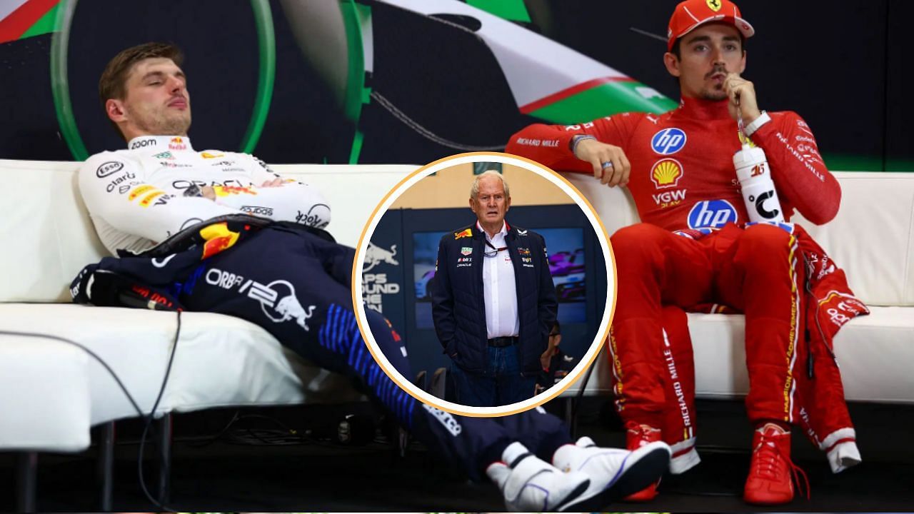Max Verstappen, Charles Leclerc, and Helmut Marko