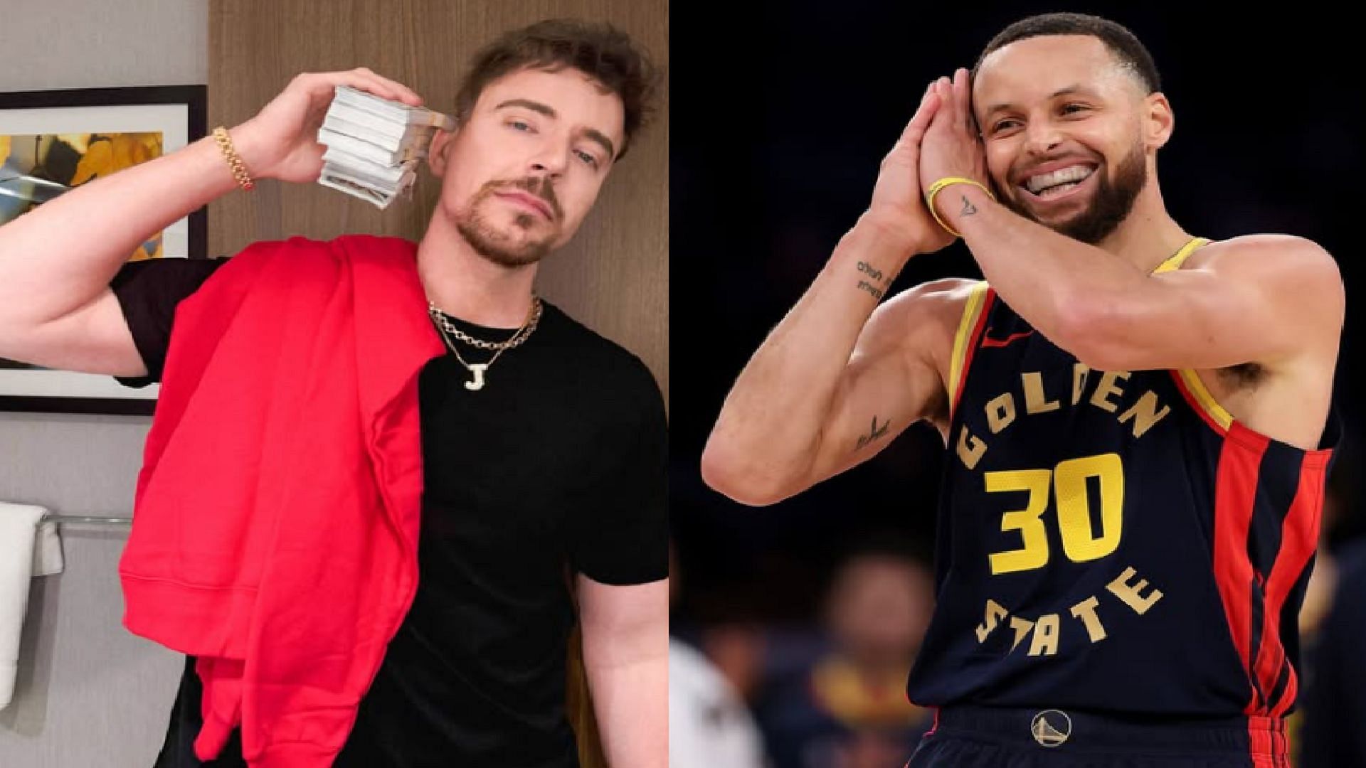 An image of MrBeast and Steph Curry side by side