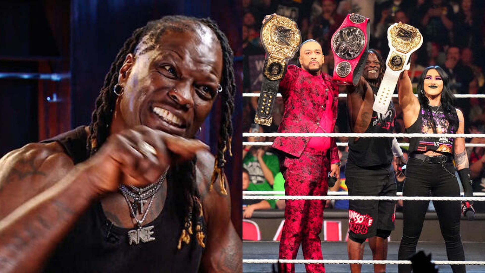 R-Truth (left), Damian Priest, Truth, and Rhea Ripley (right) (Image Credits: WWE.com)