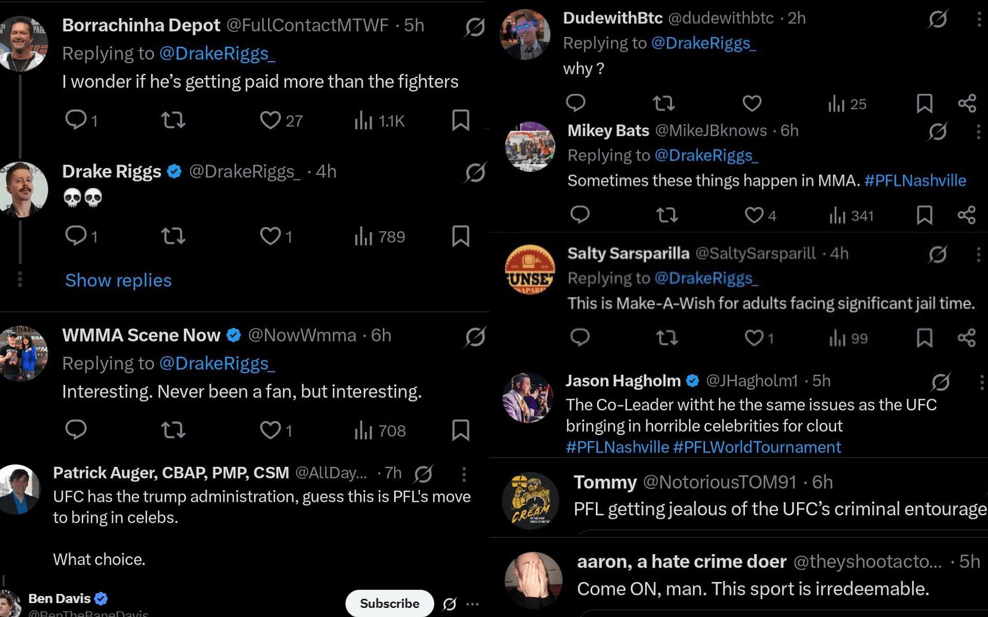 Fans&#039; reaction to Russel Brand attending PFL Nashville. [Screenshots courtesy: @DrakeRiggs_ on X]