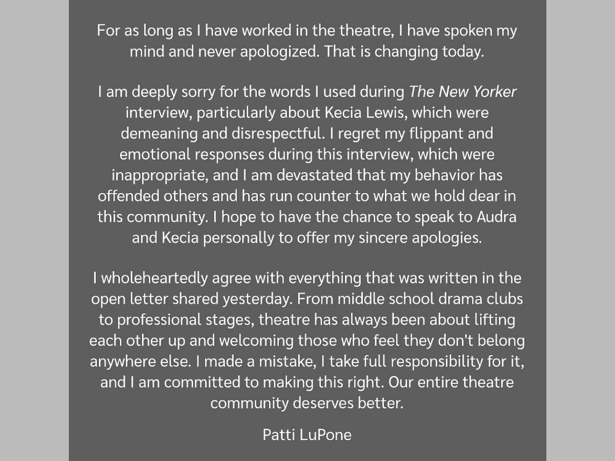 Patti Lupone&#039;s public apology to Kecia Lewis. (Image via Instagram/@pattilupone)