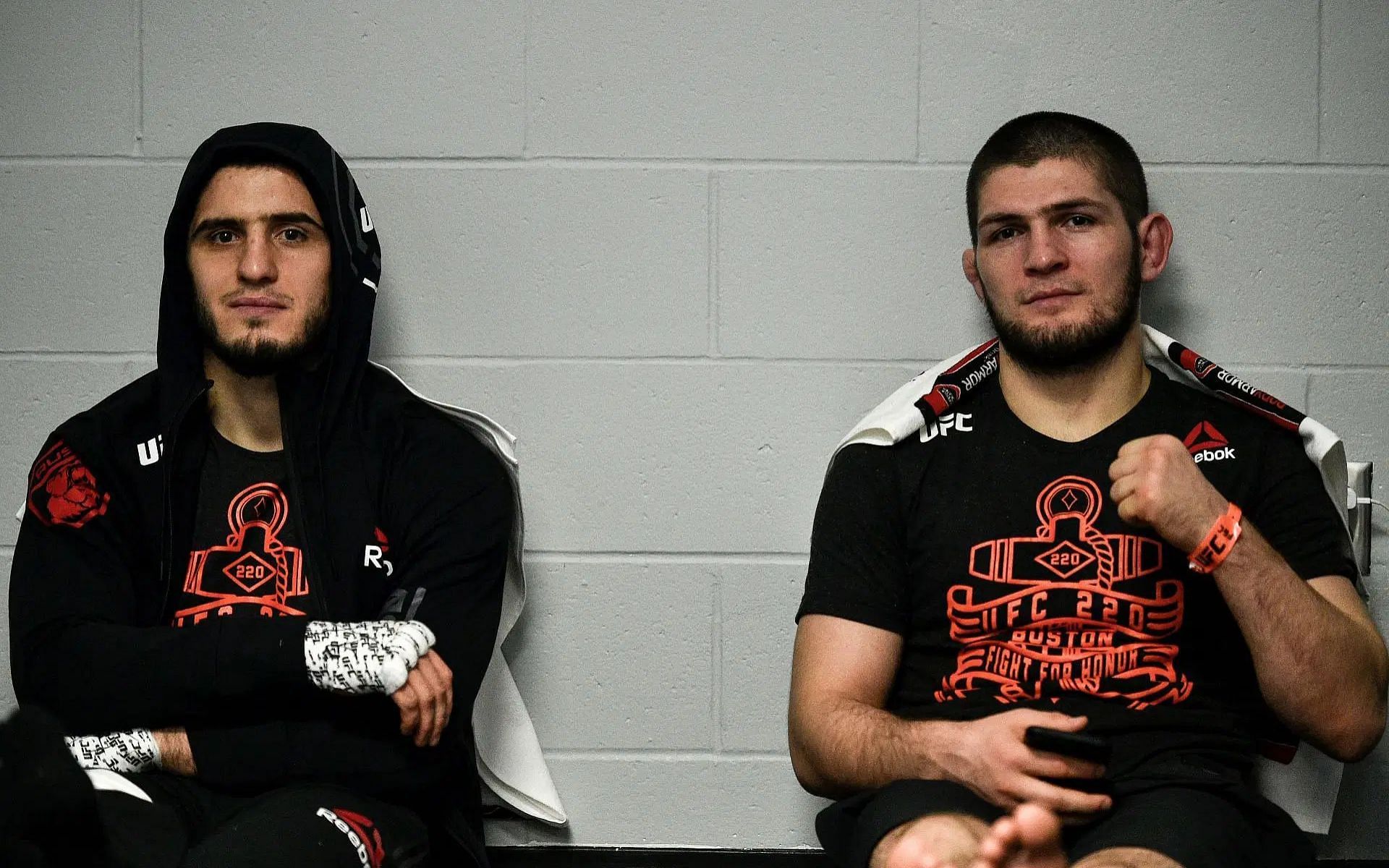 Islam Makhachev (left) and Khabib Nurmagomedov (right) cornered Tagir Ulanbekov at UFC Baku. [Images courtesy: Getty Images]