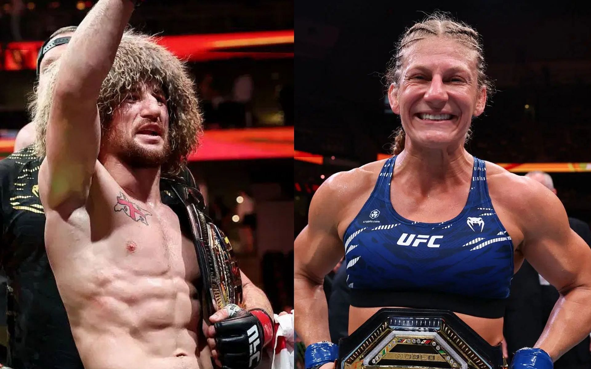 Merab Dvalishvili (left) and Kayla Harrison (right) celebrating their UFC 316 wins. [Images courtesy: Getty]