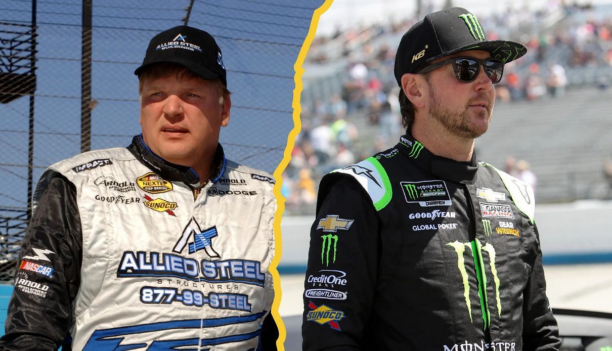 A side-by-side image of (Left) Nov 12, 2005; Phoenix, Ariz, USA; Nascar Nextel Cup driver Jimmy Spencer during qualifying for the Checker Auto Parts 500 at Phoenix International Raceway. Mandatory Credit: Photo By Mark J. Rebilas-Imagn Images &copy; Copyright Mark J. Rebilas and (Right) May 6, 2019; Dover, DE, USA; NASCAR Cup Series driver Kurt Busch stands on pit road prior to the Gander RV 400 at Dover International Speedway. Mandatory Credit: Matthew O