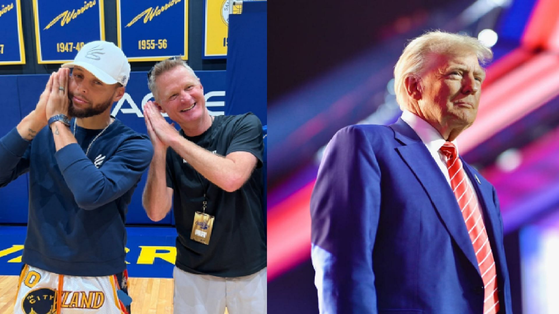 An image of Steph Curry, Steve Kerr, and Donald Trump