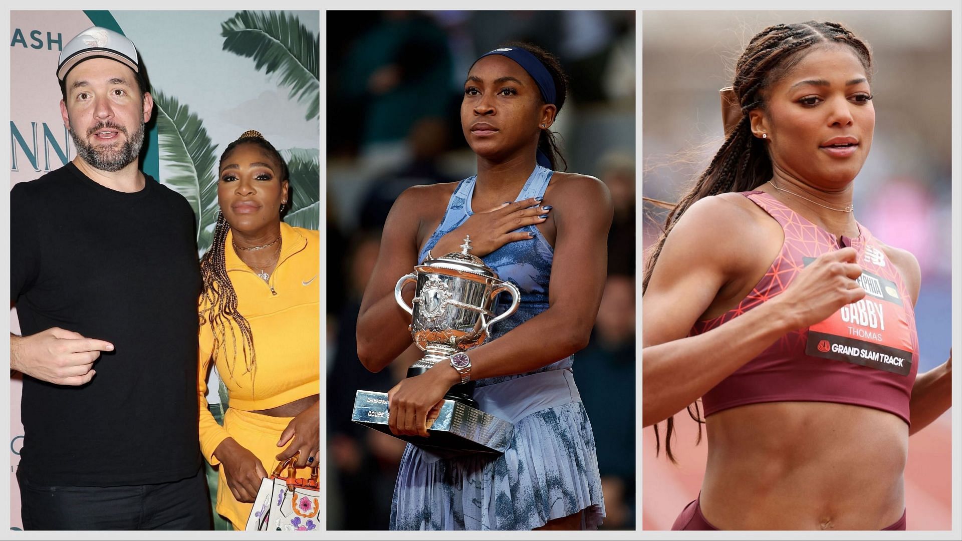 Serena Williams with husband Alexis Ohanian(left) Coco Gauff(center) and Gabby Thomas(right). Images:Getty