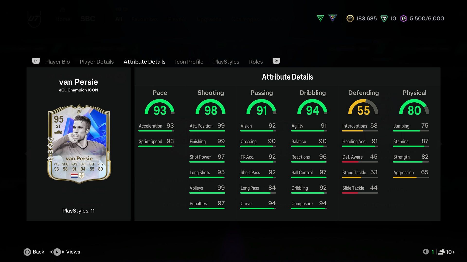 Stats of Robin Van Persie eCL Champion Icon (Image via EA Sports/SK Gaming)