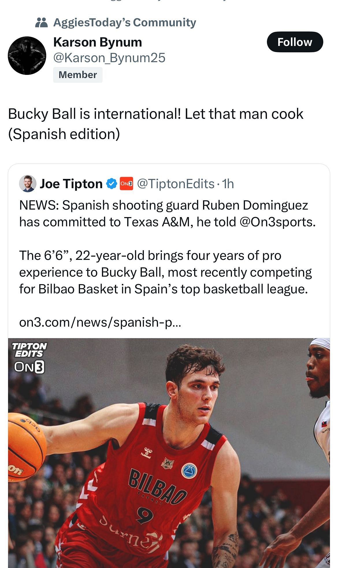 An X user discusses the Aggies&rsquo; international pickup (X/@TiptonEdits)