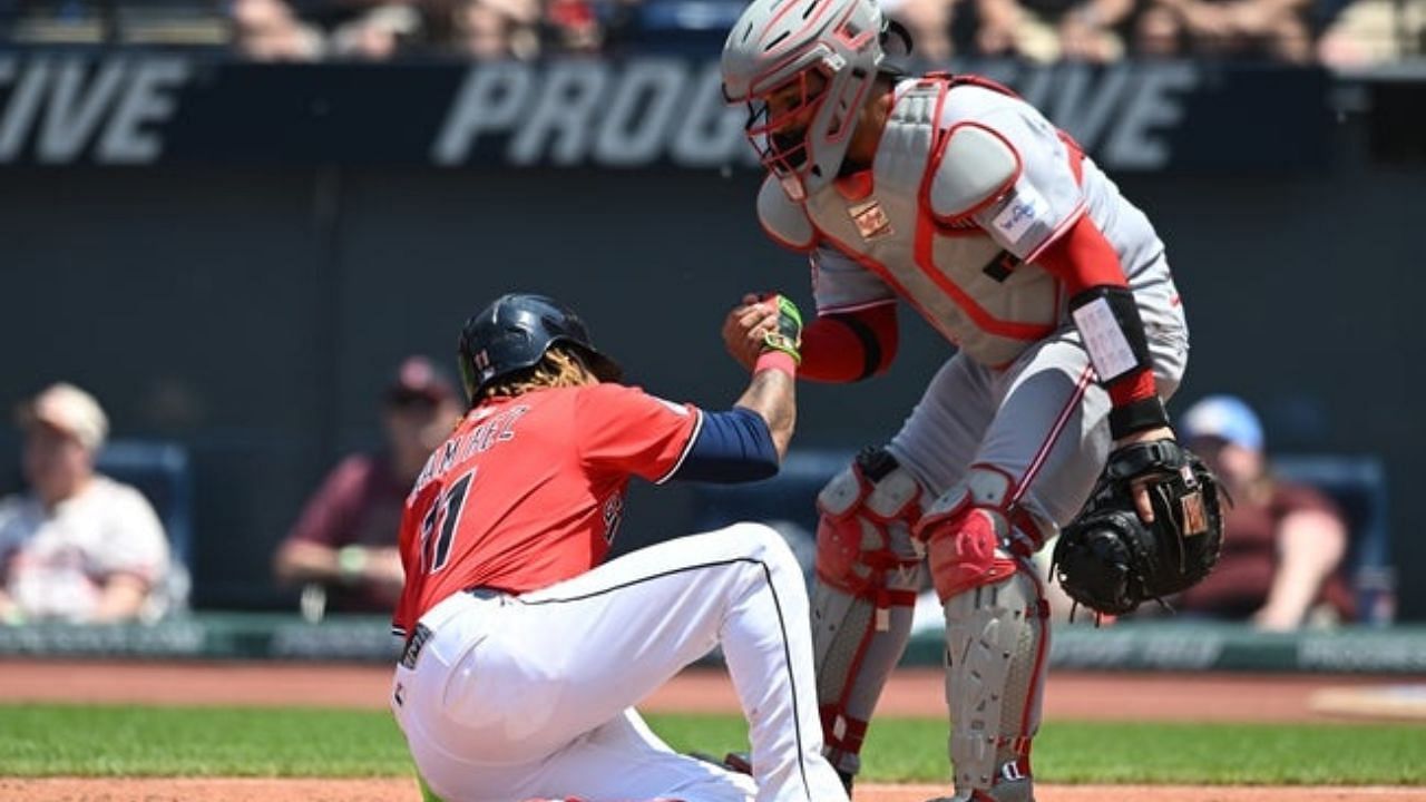 Jose Ramirez, after being hit by a Kevin Gausman pitch. [Source: Imagn]