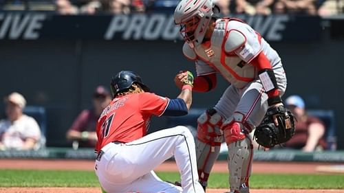 Jose Ramirez, after being hit by a Kevin Gausman pitch. [Source: Imagn]