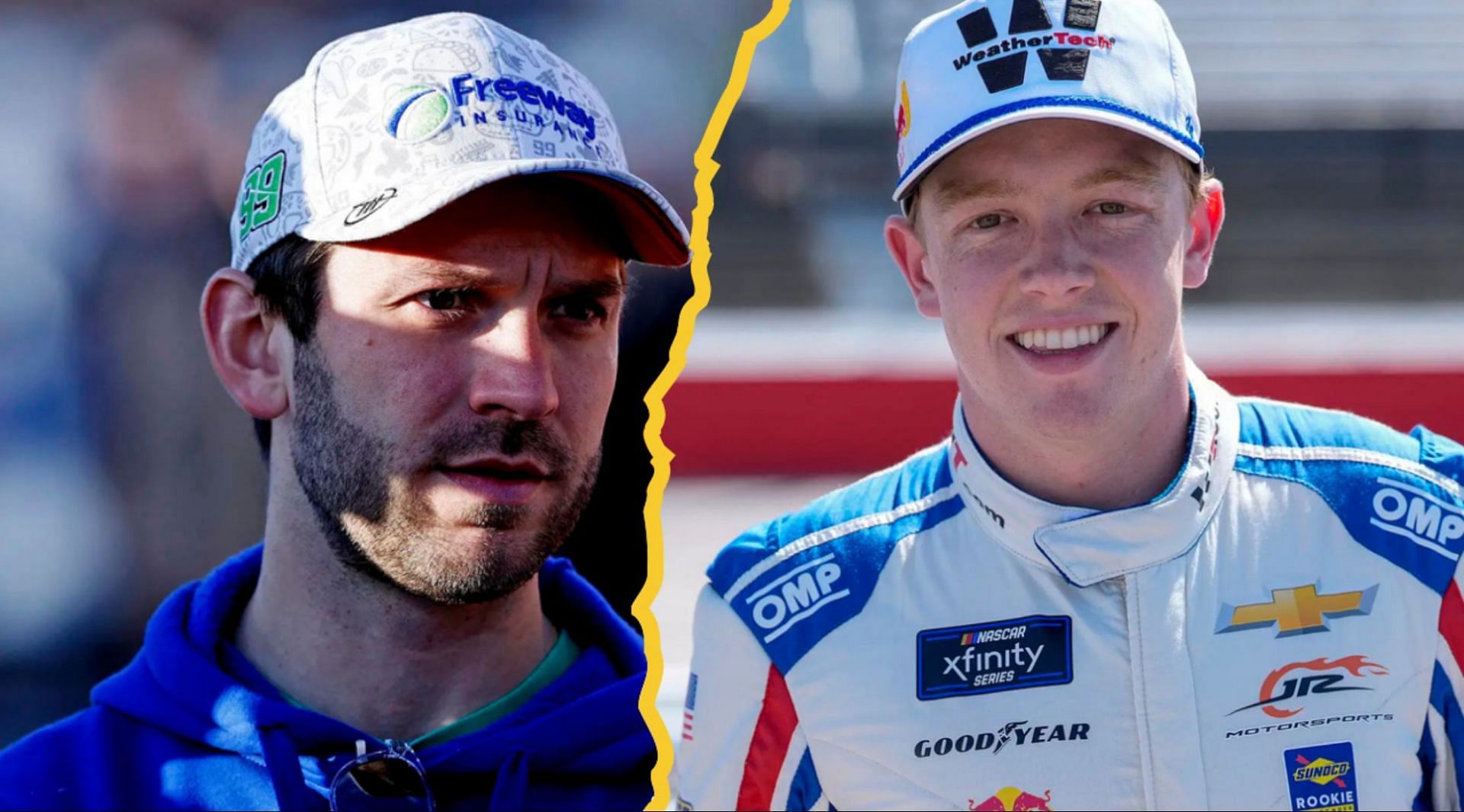 A side-by-side image of (Left) NASCAR Cup Series driver Daniel Suarez (99) walks the track before practice for the Clash at Bowman Gray at Bowman Gray Stadium. NASCAR: Clash at Bowman Gray - Practice - Source: Imagn and (Right) Apr 5, 2025; Darlington, South Carolina, USA; NASCAR Xfinity Series driver Connor Zilisch (88) during the Great Clips 200 at Darlington Raceway. Mandatory Credit: Jim Dedmon-Imagn Images NASCAR Xfinity: NASCAR Xfinity Series Race at Darlington - Source: Imagn 