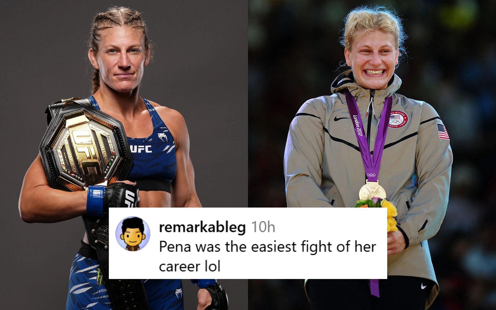 Fans react as Kayla Harrison compares UFC title (left) to Olympic gold (right). [Images courtesy: Getty Images]
