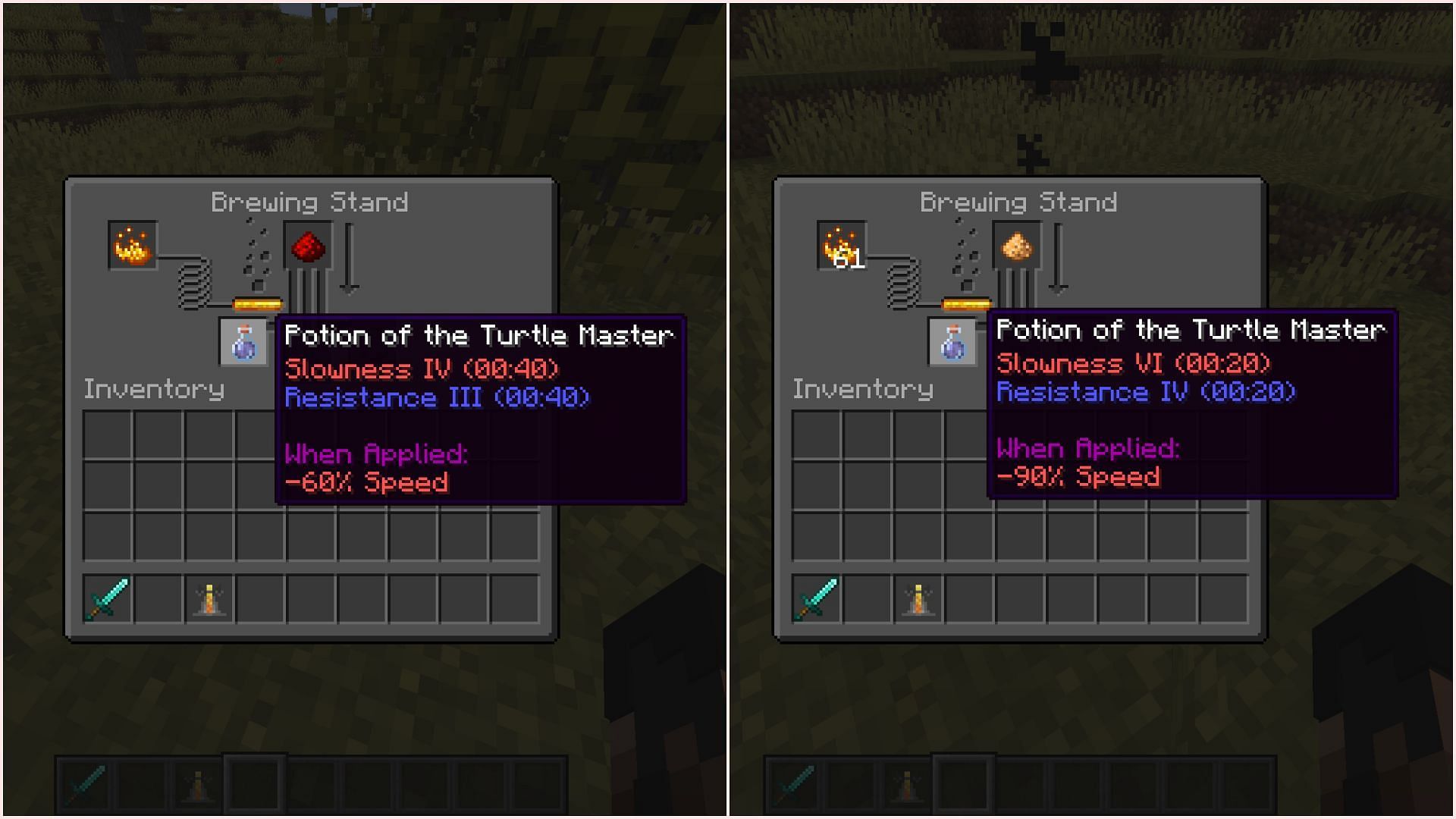 Redstone increases duration, while glowstone increases potency (Image via Sportskeeda Gaming || Mojang Studios)