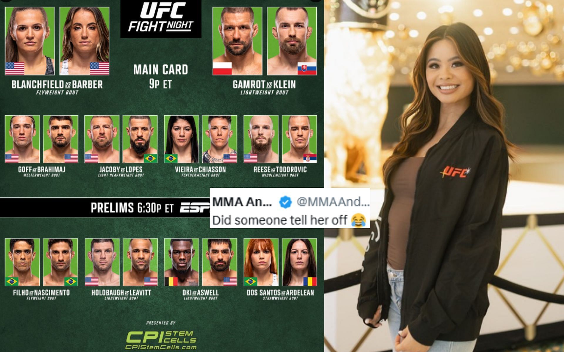 Fans roast Minty Bets (right) for her slip-up during live broadcast at UFC Vegas 107 (left) [Images courtesy: @ufc on X, @mintybets on Instagram]