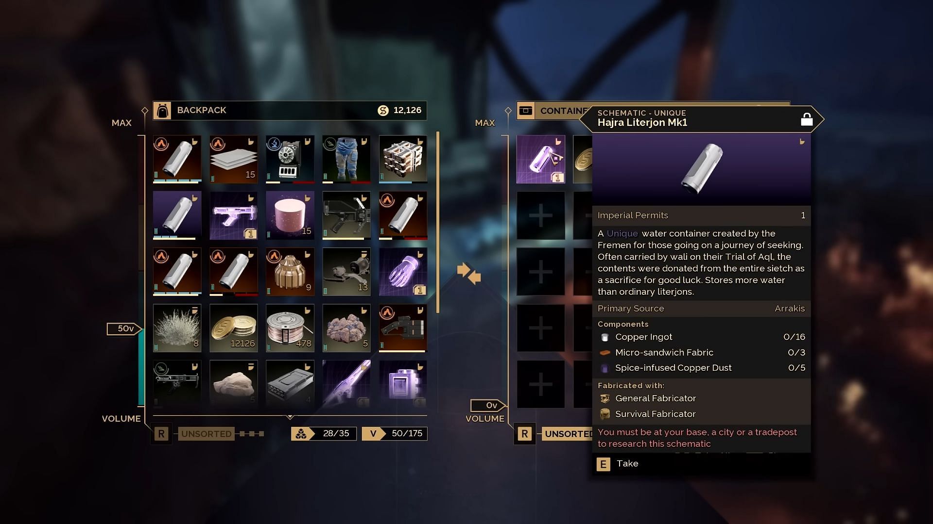 Keep hydrated in Dune Awakening with the Hajra Literjon Mk1 (Image via Funcom || YouTube/SiNKiLLeR)