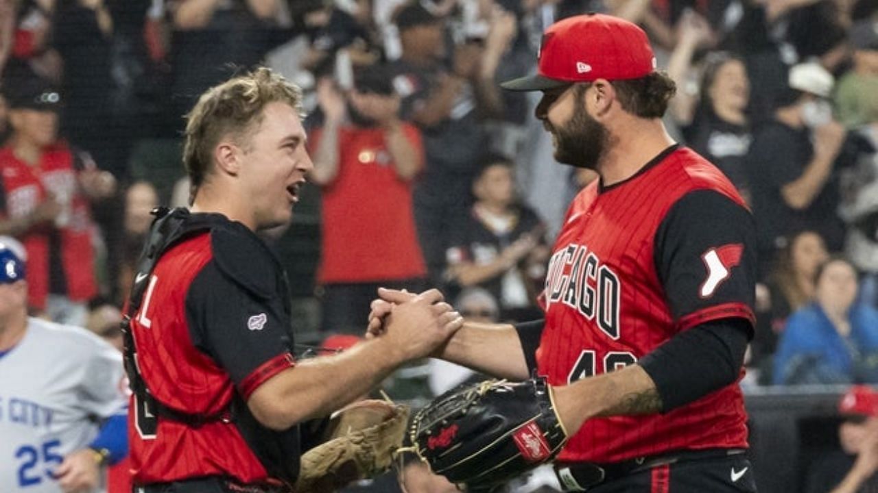 White Sox catcher Kyle Teel (left) and pitcher Bryse Wilson (right) [Source: Imagn]