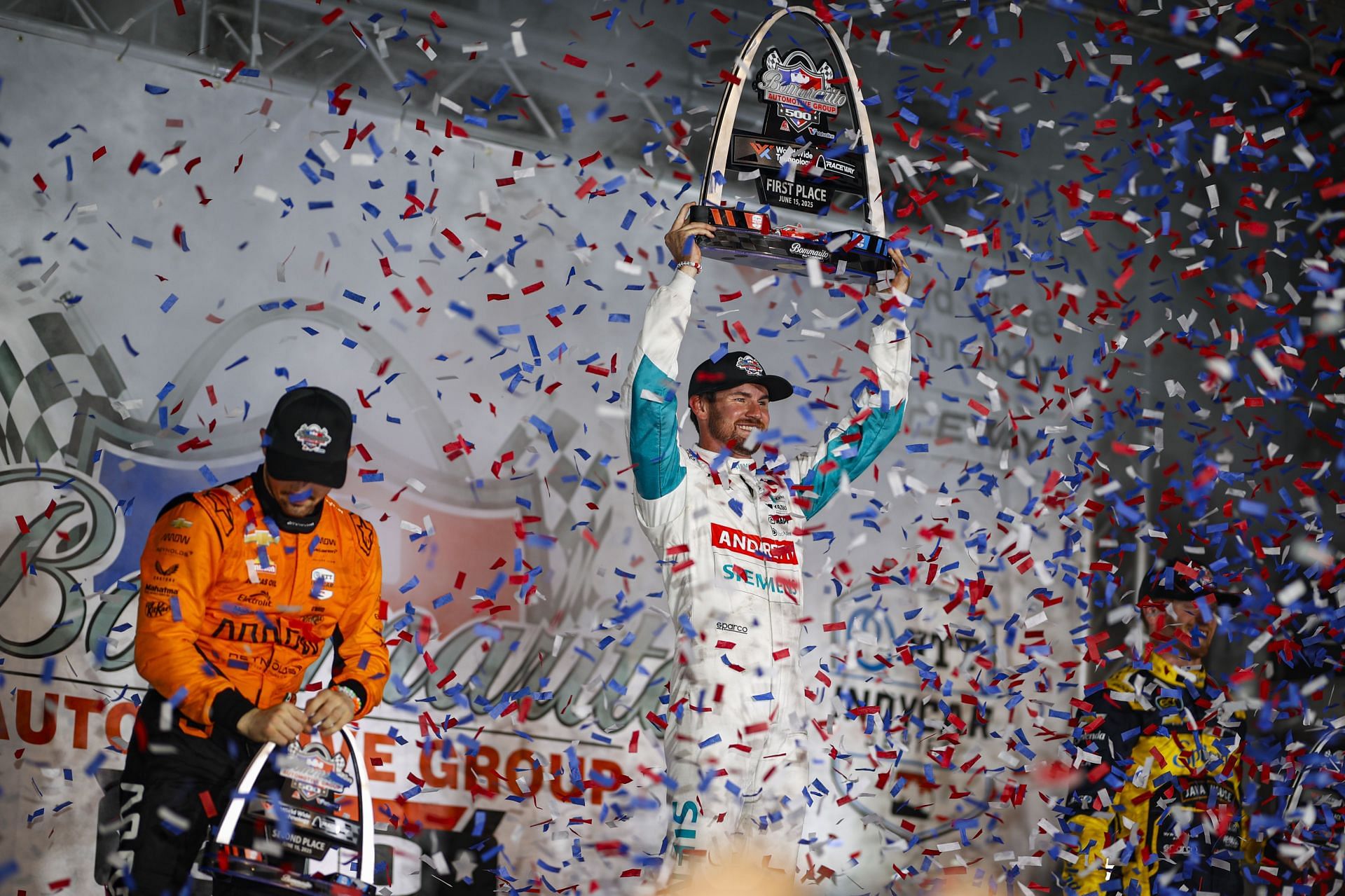 Kyle Kirkwood celebrates the platform after winning the Indycar Bommarito Automotive 500 - Source: Getty