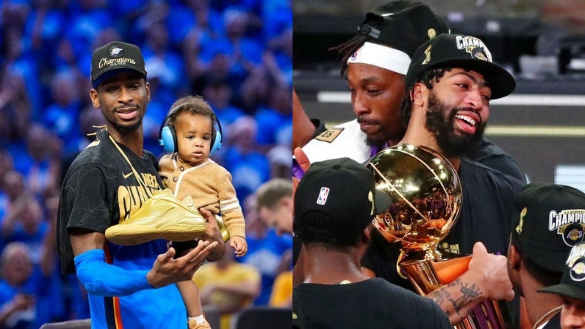 Shai Gilgeous-Alexander celebrates after winning the 2025 NBA championship with Oklahoma City; Anthony Davis celebrates after winning the 2020 NBA title with the LA Lakers. Source: Imagn