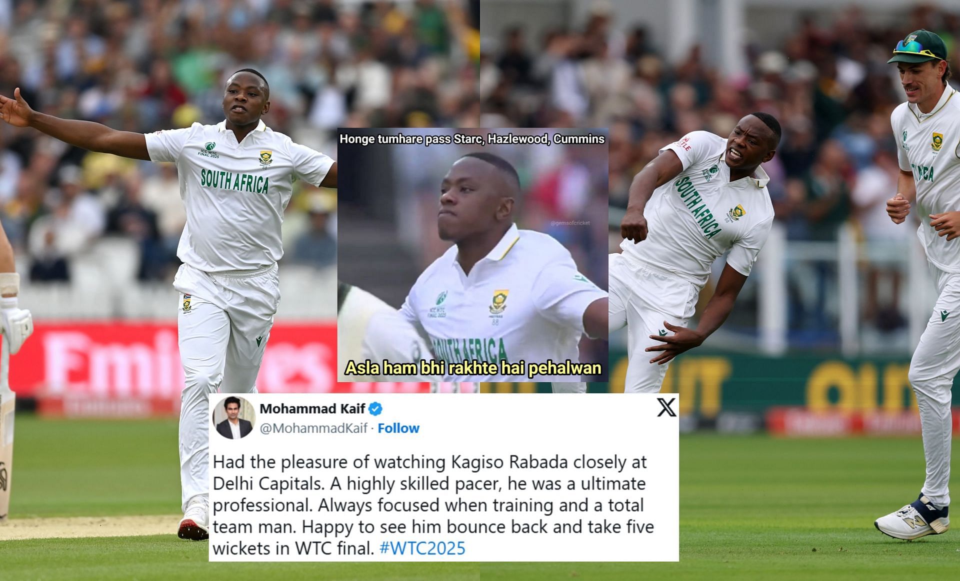 Fans praise Kagiso Rabada after his 5-wicket haul in SA vs AUS WTC final. (Images: X - ICC, @MohammadKaif, @GemsOfCricket)