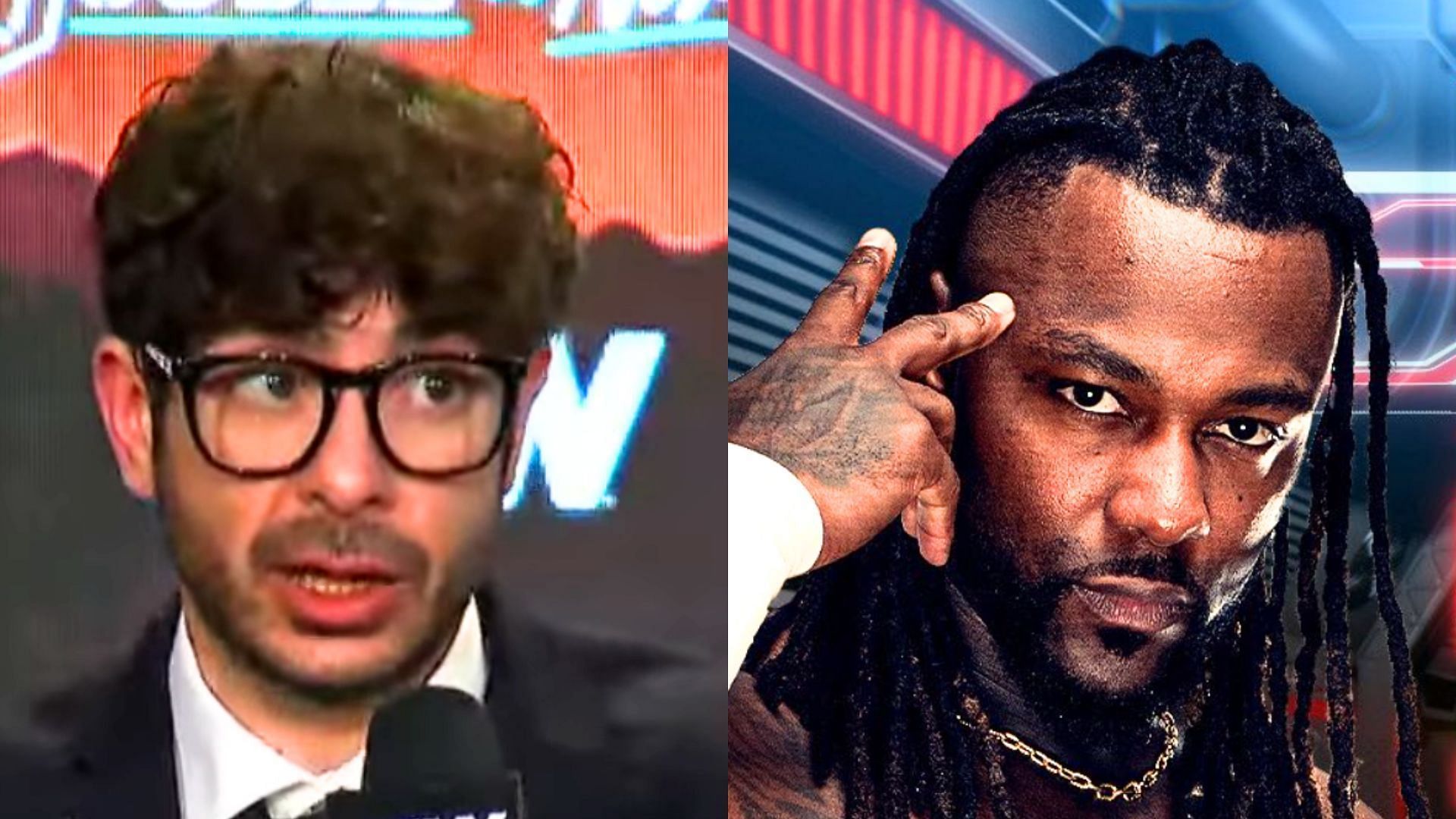 Tony Khan (left) and Swerve Strickland (right) (Images via AEW YouTube and Tony Khan