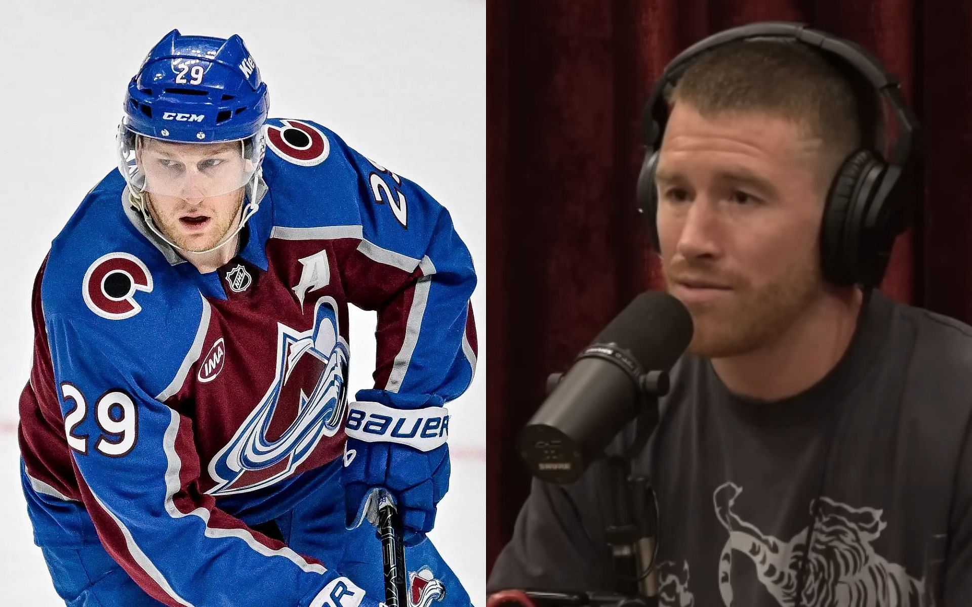 Cory Sandhagen [Right] reveals NHL star Nathan MacKinnon ignited his interest in hockey [Left] [Image courtesy: Getty Images, and PowerfulJRE on YouTube]