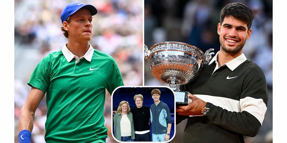 Jannik Sinner (L) with his parents (inset); Carlos Alcaraz (R) (Image Source: Getty)