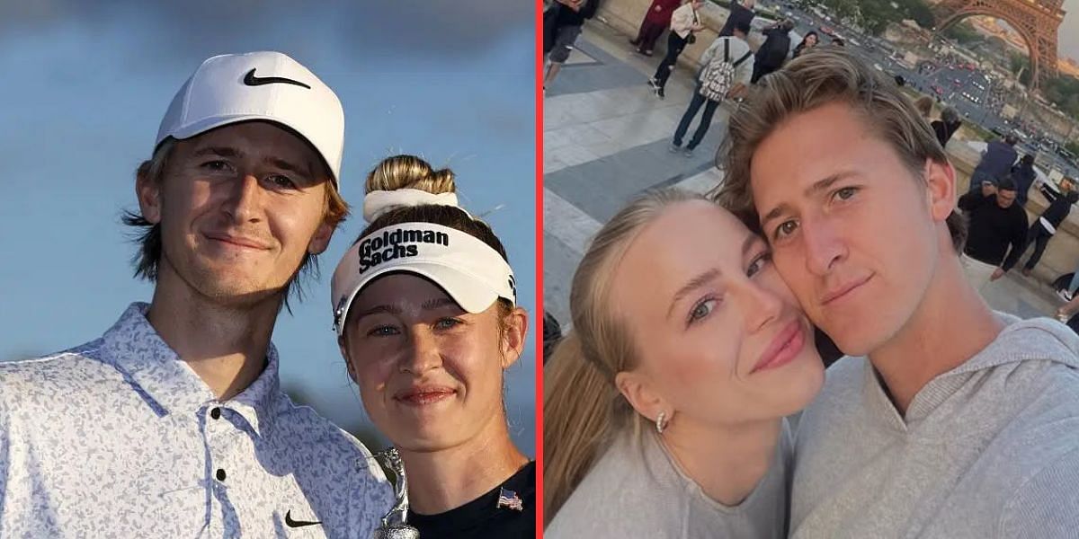 Sebastian Korda and Nelly Korda (left, Source: Getty), Ivana Nedved and Sebastian Korda (right, Source: Instagram/ivananedved)