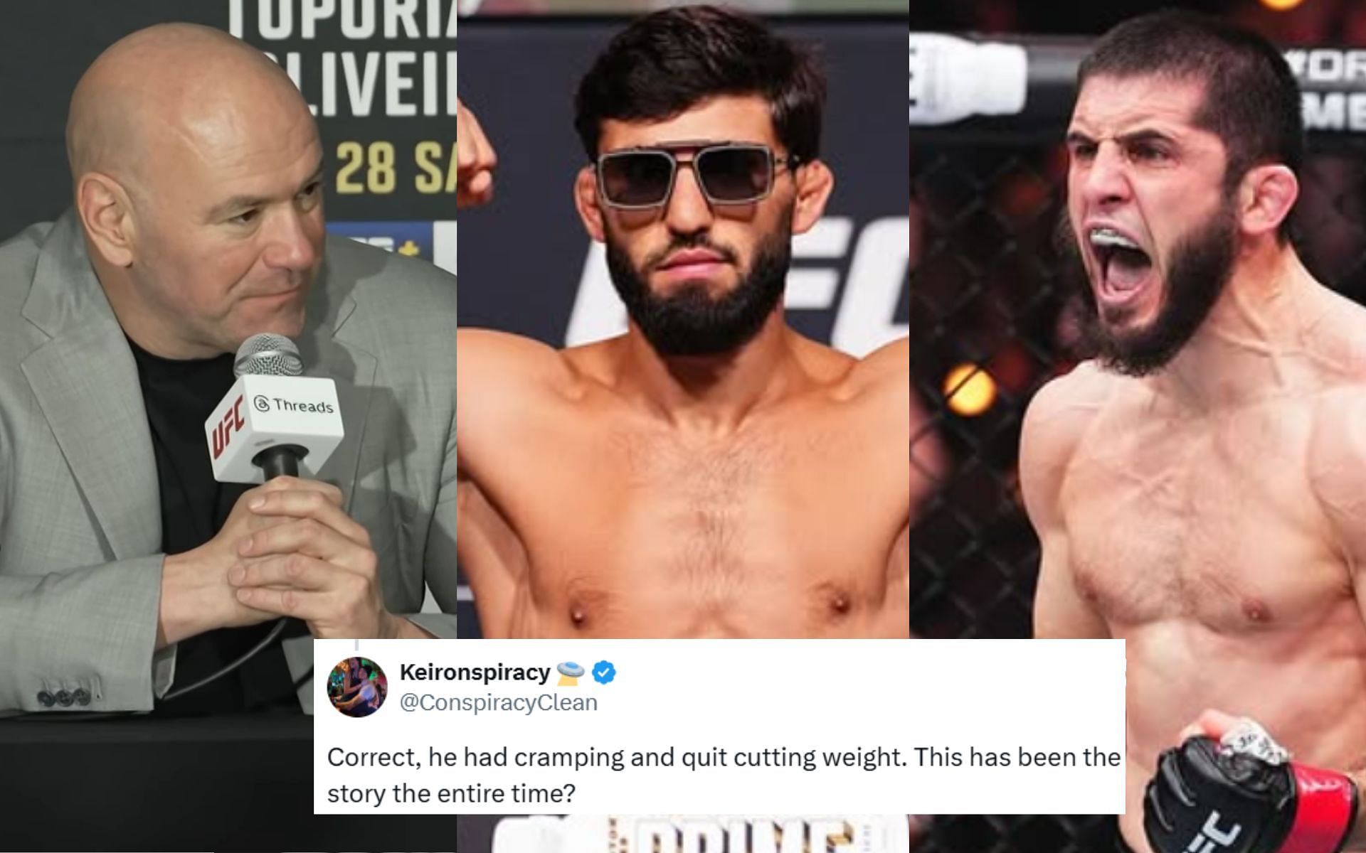 Dana White (left), Arman Tsarukyan (center) and Islam Makhachev (right). [Images courtesy: UFC on YouTube, @arm_011 and @islam_makhachev on Instagram]