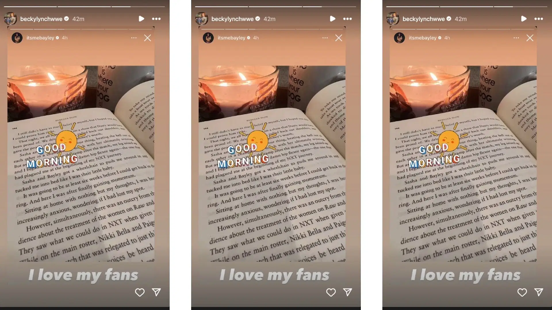Lynch reacted to Bayley&#039;s message today on social media. [Image credit: Becky Lynch&#039;s Instagram story]