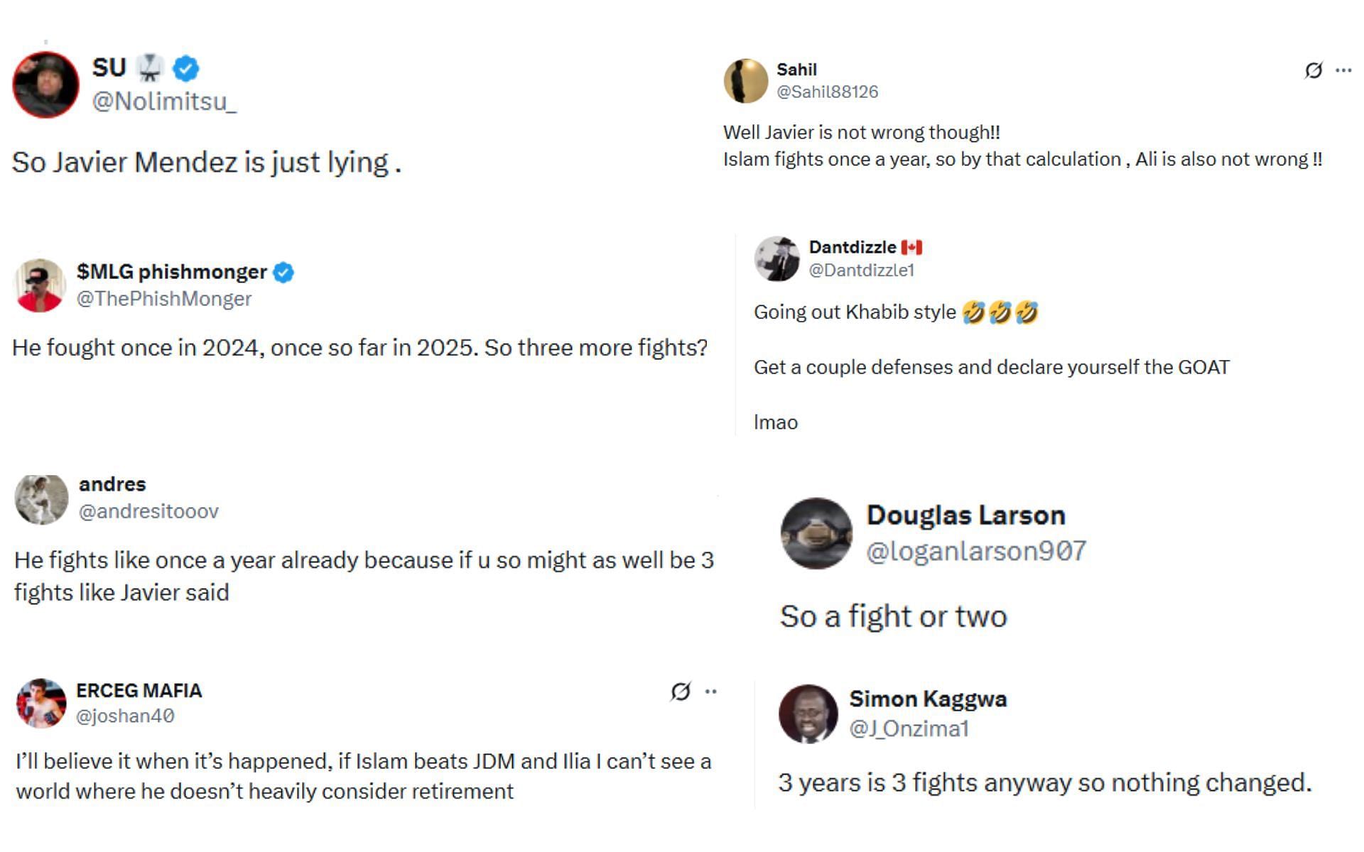 Fans reaction comments regarding Ali Abdelalziz&#039;s post about Islam Makhachev [Image courtesy: @AliAbdelaziz00 on X]