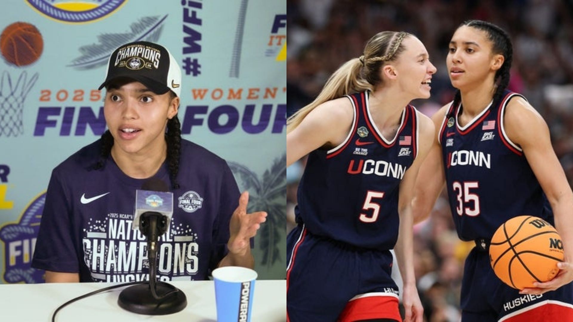 Azzi Fudd talks to the media after the UConn Huskies won the 2025 NCAA Tournament; Paige Bueckers with Azzi Fudd. Source: Imagn
