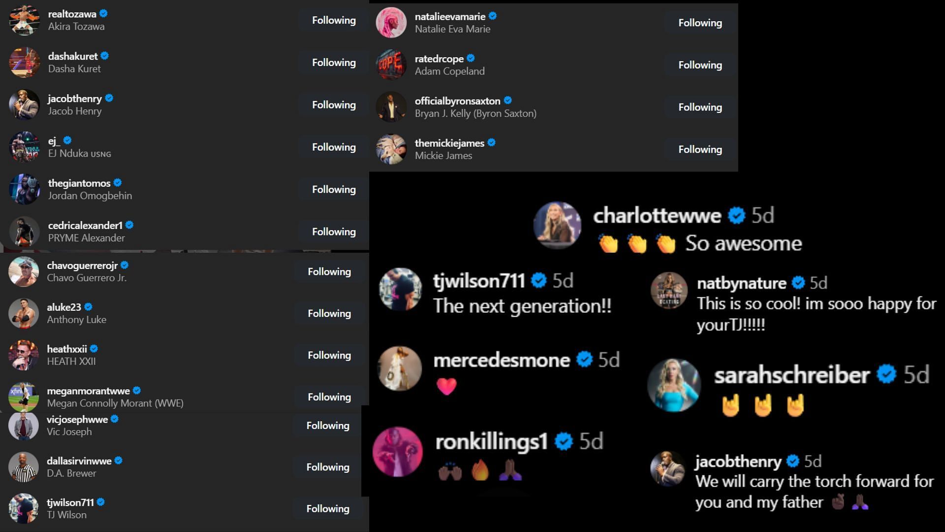 Screenshots of stars&#039; likes and comments [Image credit: Titus O&#039;Neil&#039;s Instagram handle]