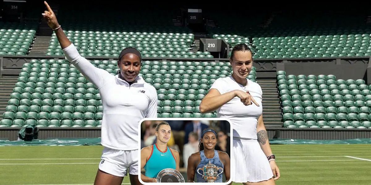 Coco Gauff and Aryna Sabalenka at Wimbledon (background), Aryna Sabalenka and Coco Gauff at the 2025 French Open (bottom inset), Sources: Getty