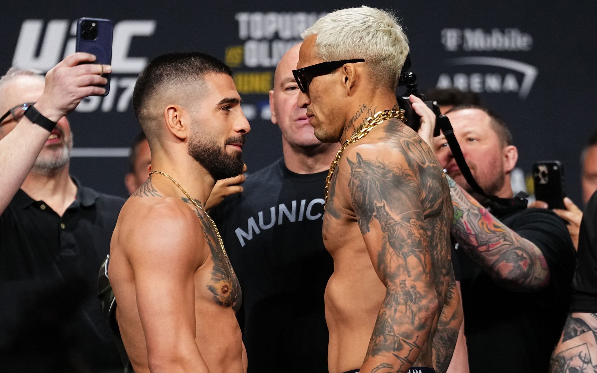 Ilia Topuria (left) and Charles Oliveira (right) square off ahead of UFC 317. [Image courtesy: Getty]