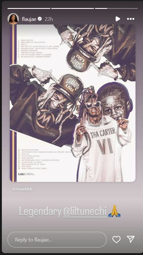 Flau'jae Johnson hypes Lil Wayne's latest album on IG story. Image via @flaujae