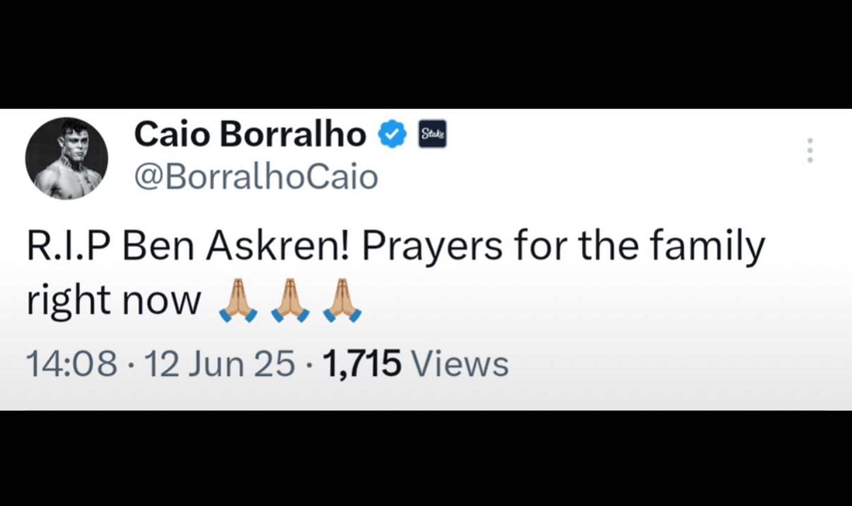 Caio Borralho&#039;s now-deleted X post regarding Ben Askren [Screenshot via @Cage_PulseUFC on X]
