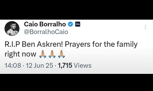 Caio Borralho's now-deleted X post regarding Ben Askren [Screenshot via @Cage_PulseUFC on X]